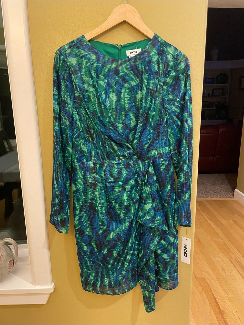 NWT DKNY Blue and Green Long-Sleeve Printed Midi Dress